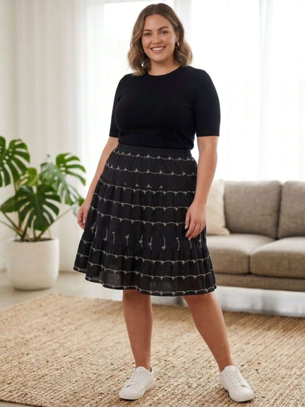 Black Embroidered Tier Plus Size 100% Cotton Skirt 18W Grunge Dark Academia Goth